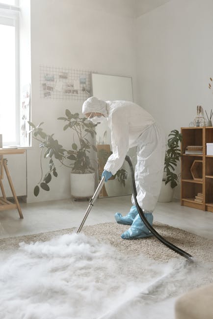 A professional cleaner dressed in white protective clothing, including gloves, face mask, and blue shoe covers, is using a vacuum or Steam cleaning machine to deep clean a beige carpet in a well-lit, modern living room. The room features white walls, a large window allowing natural light, potted green plants, and wooden furniture, including a small sideboard and a desk. The carpet appears slightly discolored, indicating dirt or stains being extracted during the process. The scene highlights surface cleaning and sanitisation undertaken by Carpet Cleaning Greenwich, emphasizing hygiene and maintenance of domestic carpets.